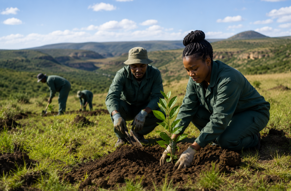 Land restoration workers plant indigenous vegetation in a degraded South African landscape as part of efforts to rehabilitate and sustainably manage natural ecosystems.