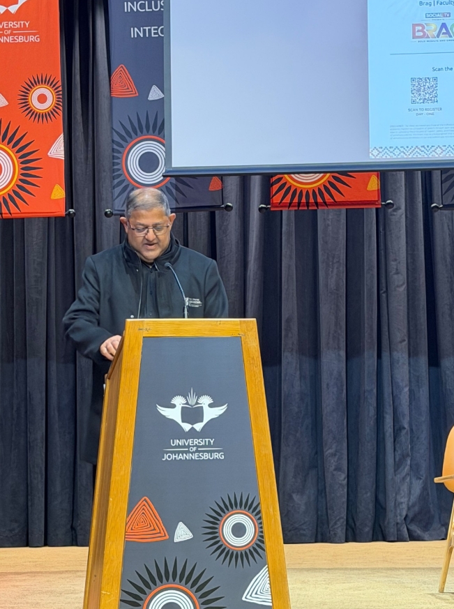 Deputy Minister Narend Singh addresses students at the BRAG gathering at the University of Johannesburg on green economy opportunities.