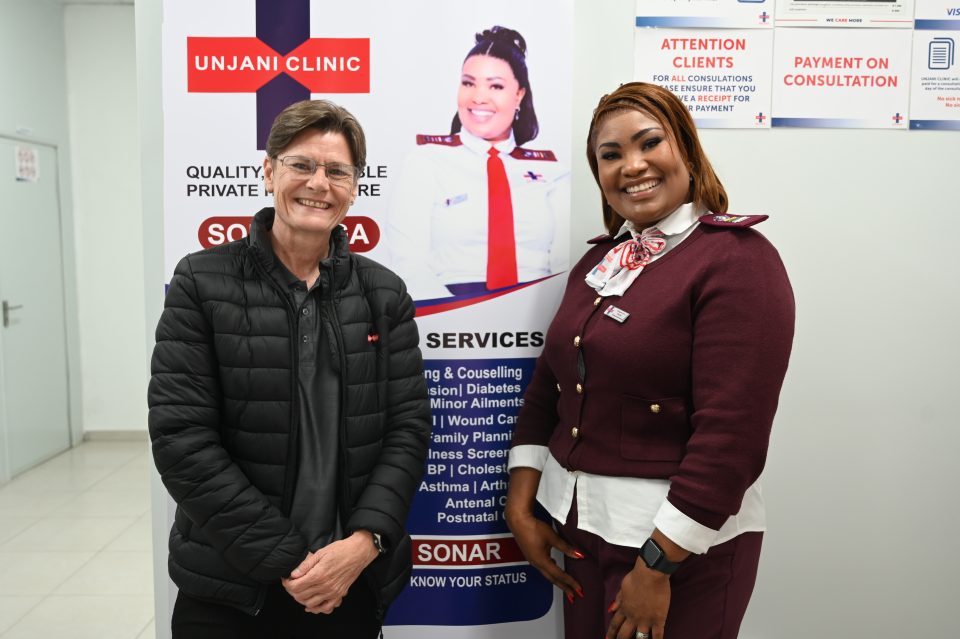 Lynda Toussaint and Sister Mokgadi Modiba at an Unjani Clinic, highlighting the network’s nurse-led approach to community healthcare.