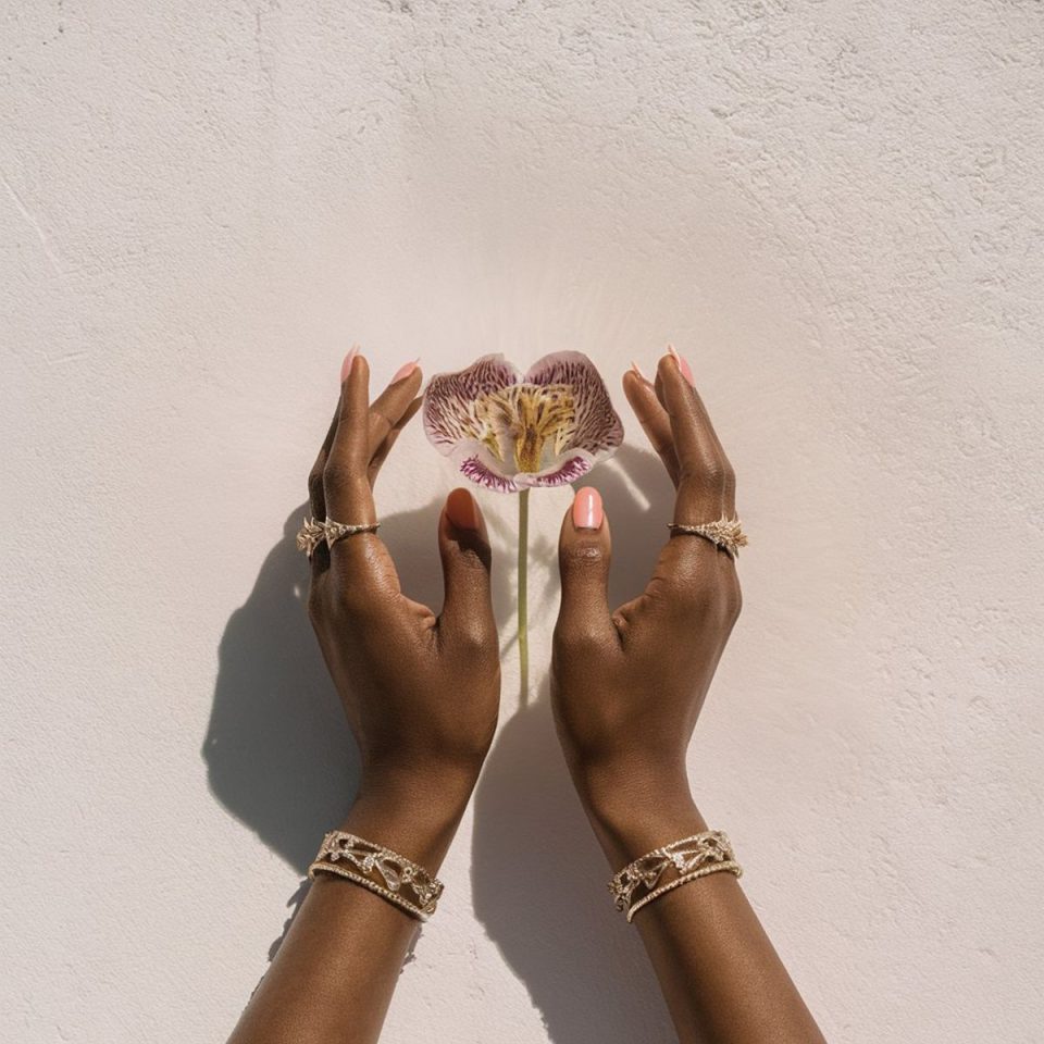 A woman gently holds a flower representing women's intimate health and the importance of early awareness and cancer prevention.