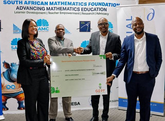 GEPF and South African Mathematics Foundation representatives mark funding for mathematics teacher development at a handover event in Pretoria.