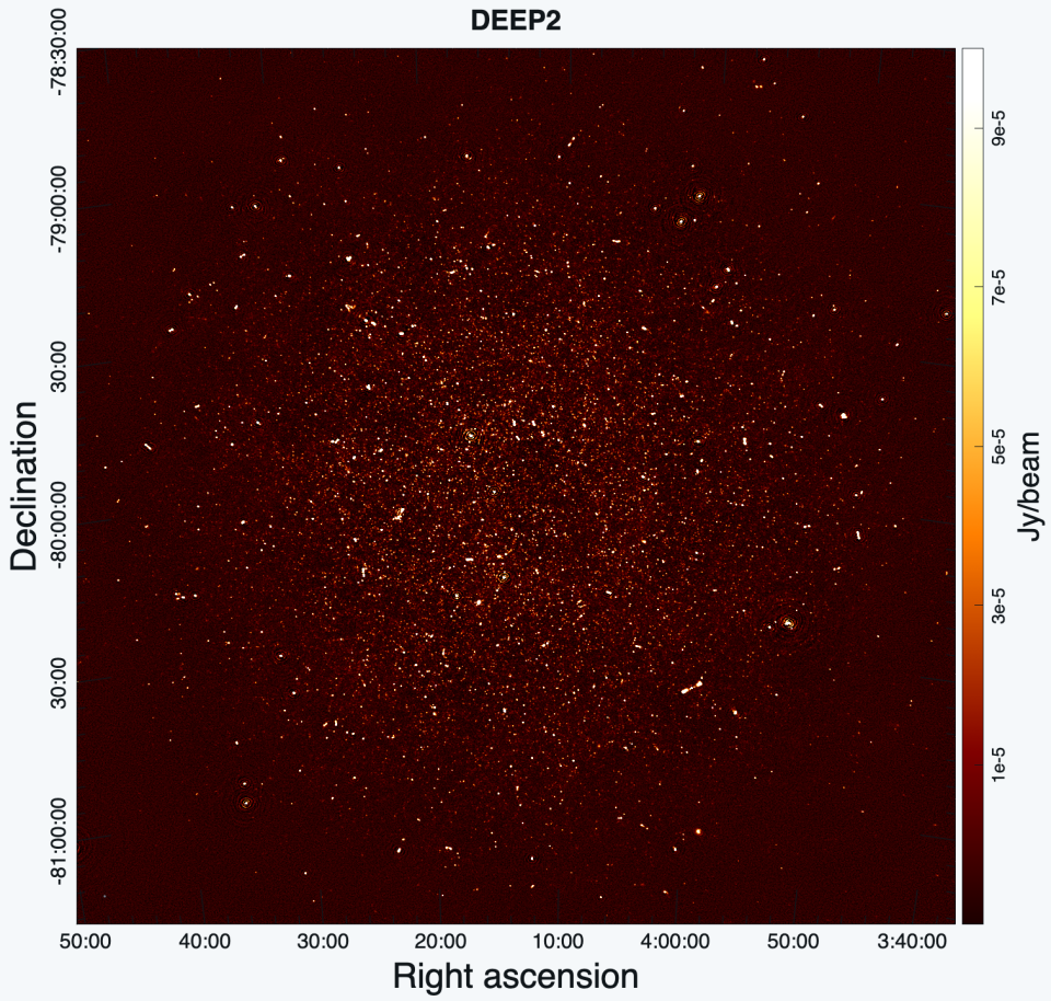 MeerKAT radio image of the DEEP2 sky field used by astronomers to detect faint neutral hydrogen signals across cosmic distances.