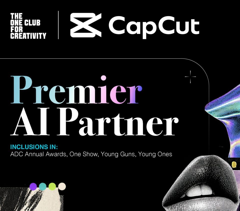 The One Club for Creativity and CapCut partnership graphic highlighting opportunities across global creative awards and emerging talent programmes.