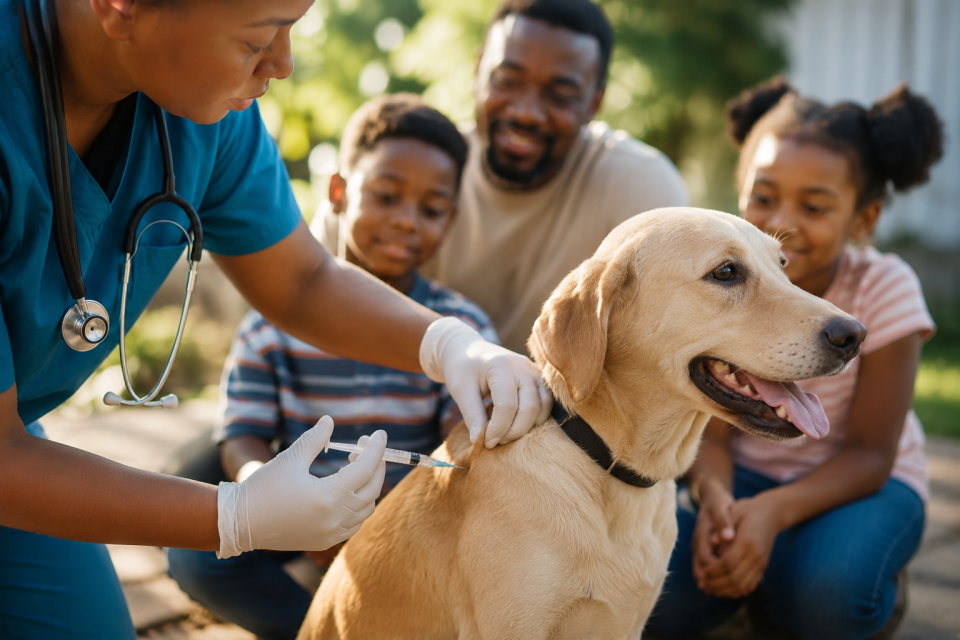 Veterinarian vaccinates a family dog as part of efforts to prevent rabies and protect community health.