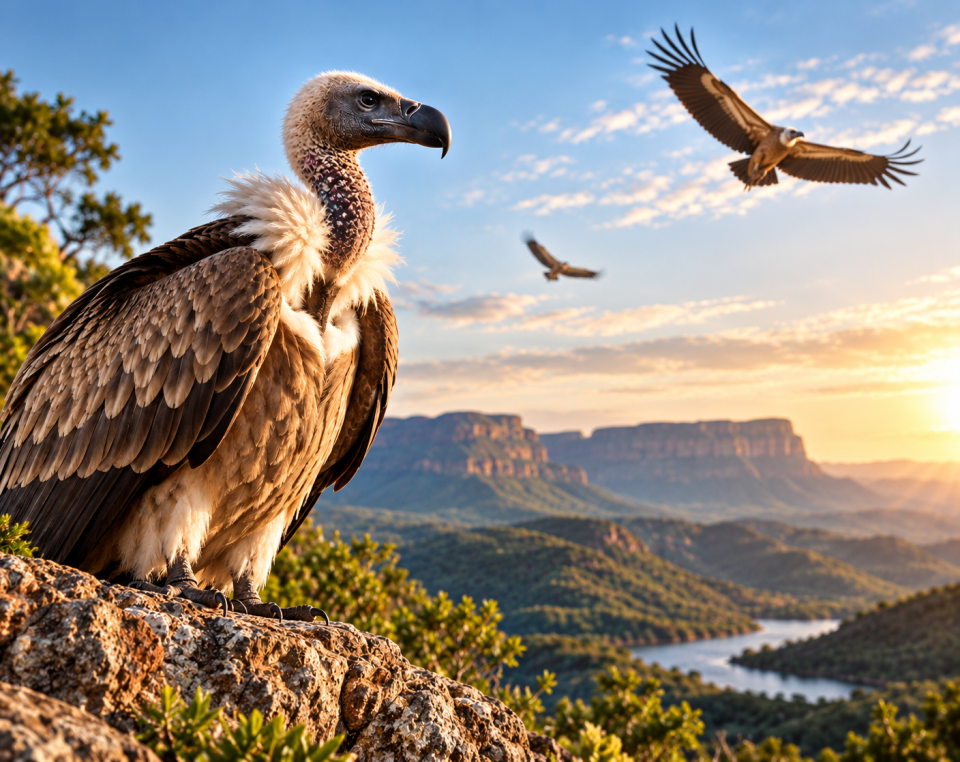 Vultures in a South African wilderness landscape, highlighting efforts to protect threatened species and maintain healthy ecosystems.