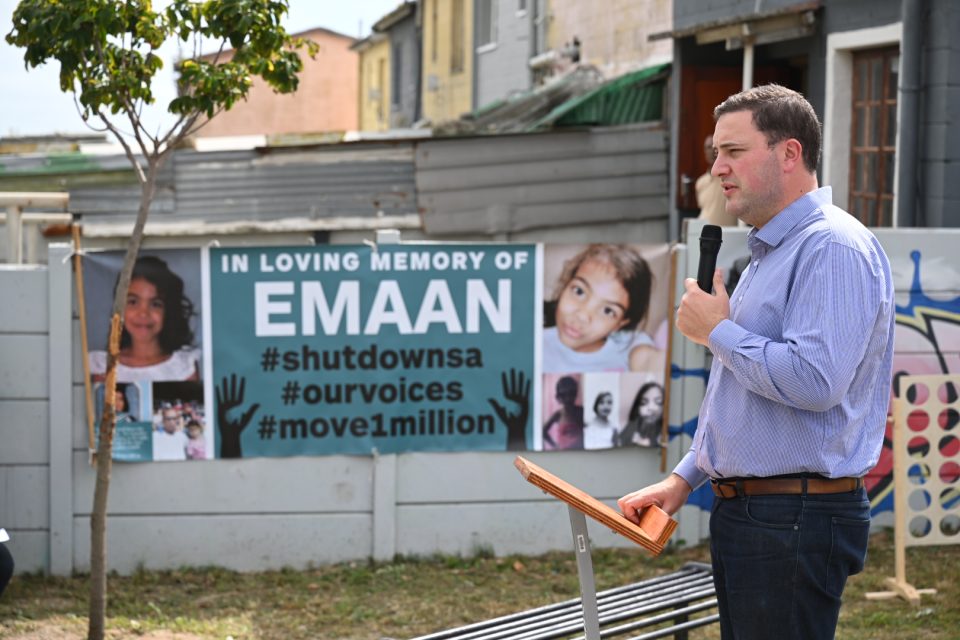 Cape Town Mayor Geordin Hill-Lewis speaks at the Ocean View park renaming ceremony held in memory of seven-year-old Emaan Oosthuizen.