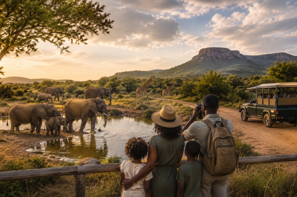 South African family viewing elephants and giraffes in a national park during a wildlife visit.