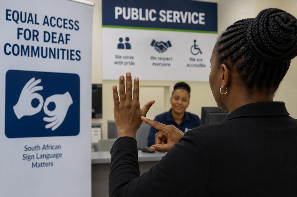 Deaf South African communicates using sign language while accessing assistance at a public service counter.