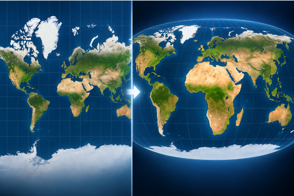 Side-by-side world maps illustrate how an equal-area projection represents Africa at a larger and more accurate scale than traditional map projections.