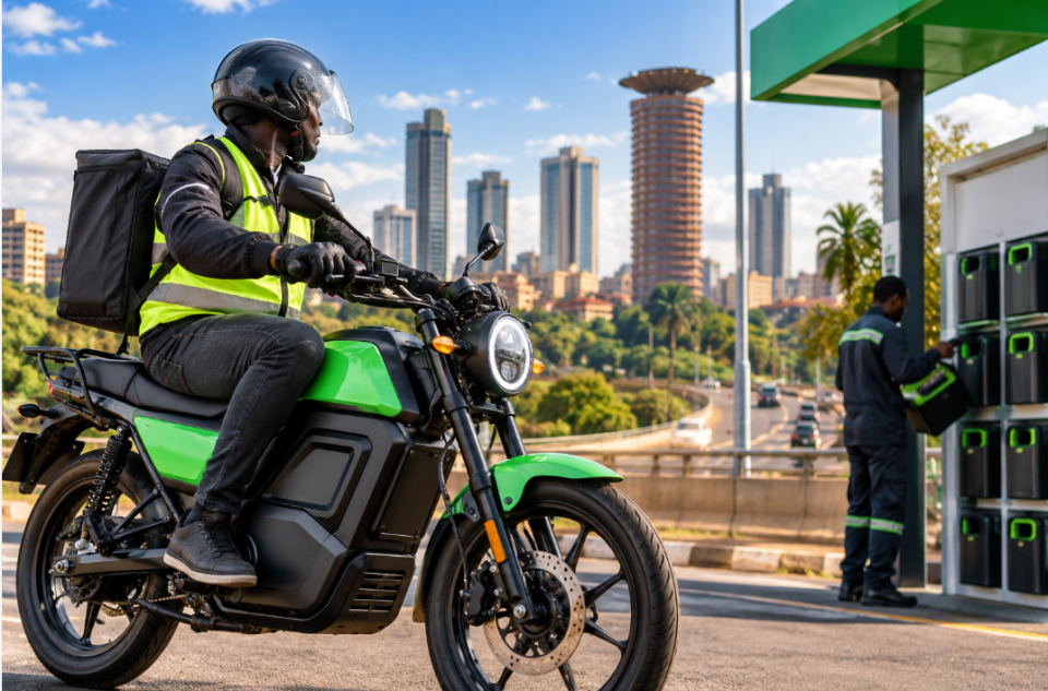 Electric motorcycle rider near a battery-swapping station in Nairobi, reflecting Kenya’s growing electric mobility sector and cleaner urban transport.
