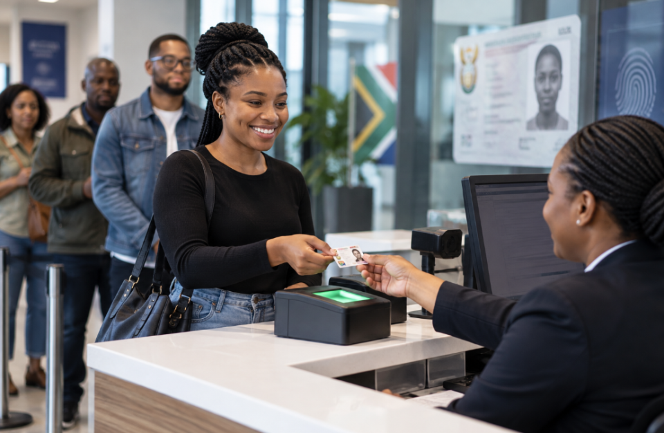 South African woman accessing Smart ID services at a bank branch as Home Affairs expands identity document access ahead of the elections.
