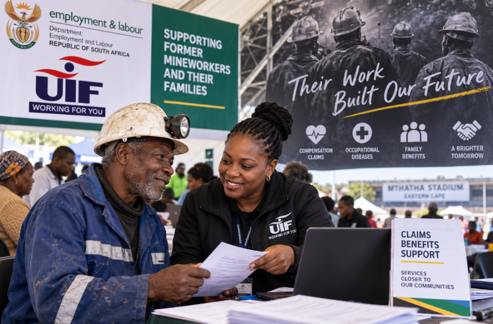 Former mineworker receives assistance with a benefits claim during a government outreach programme supporting ex-mineworkers and their families in the Eastern Cape.