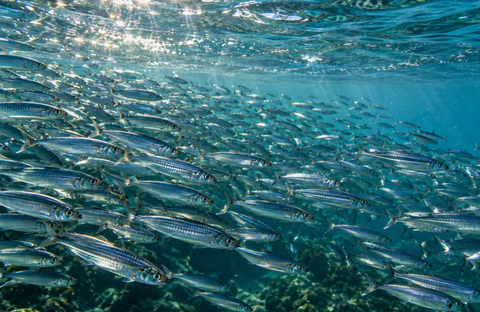 A large school of sardines swimming through clear ocean water, representing South Africa’s efforts to monitor and protect sardine stocks.