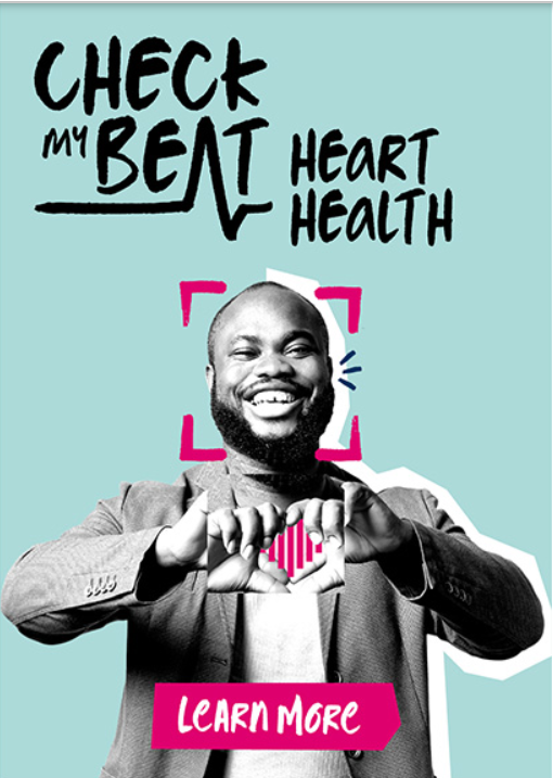 Check My Beat campaign visual promoting cardiovascular health awareness, early screening and preventative healthcare.