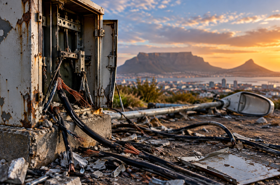 Damaged electricity infrastructure and exposed cables illustrate the impact of vandalism and theft on Cape Town’s power network.