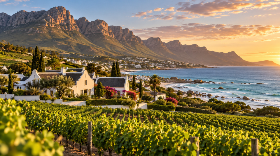 Scenic Western Cape landscape featuring vineyards, mountains and coastline at sunset, highlighting the province’s diverse tourism appeal.