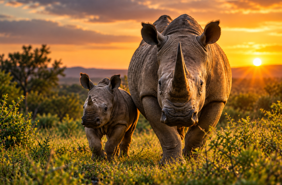 Adult rhino and calf walking through the African bush at sunset.
