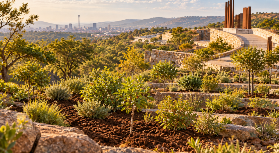 Newly planted trees and indigenous vegetation growing at Freedom Park in Tshwane, with Johannesburg visible in the distance.