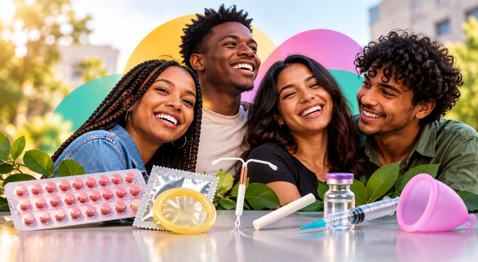 Diverse young adults with a range of contraceptive methods, representing informed reproductive choices and access to family planning.