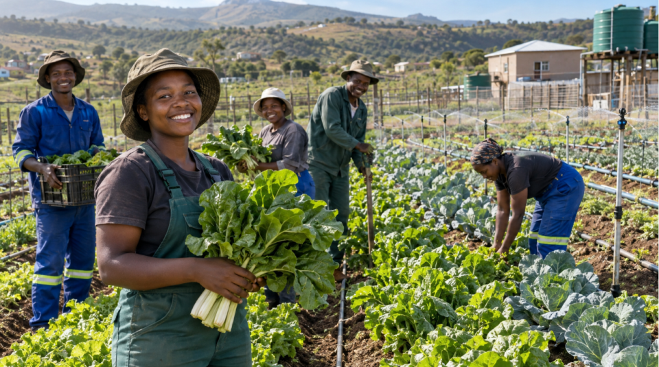 Young Eastern Cape farmers harvest fresh vegetables on irrigated farmland, highlighting improved production, food security and rural job creation.
