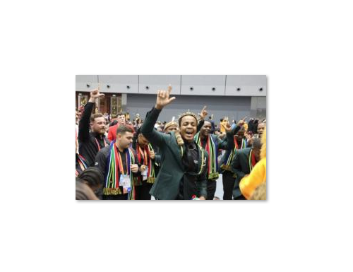 Young South African competitors celebrate together during the WorldSkills international competition in Shanghai, China.