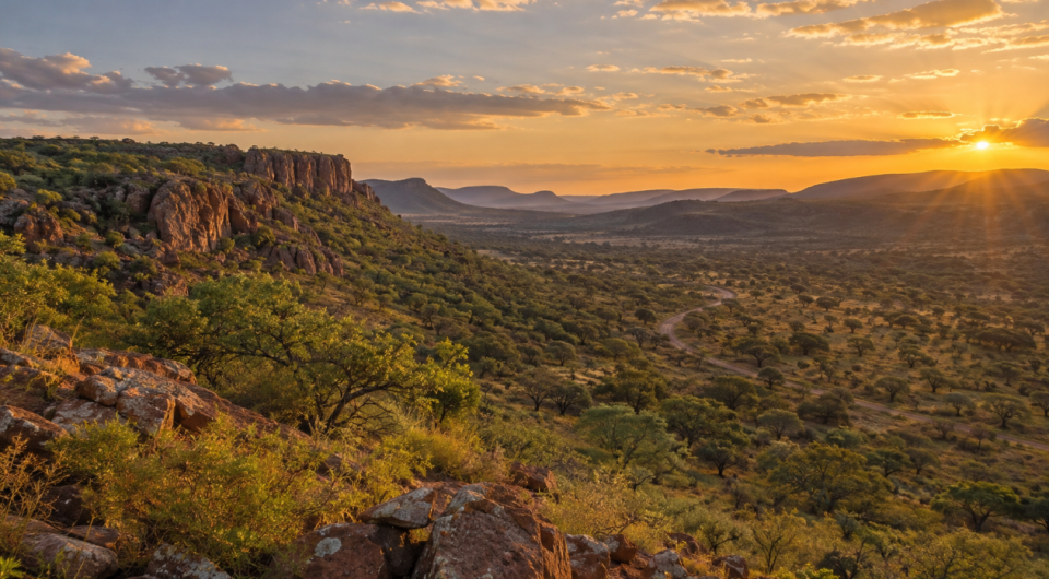 Scenic Limpopo landscape at sunset, showing rugged cliffs, open bushveld and rolling hills across the Waterberg region.