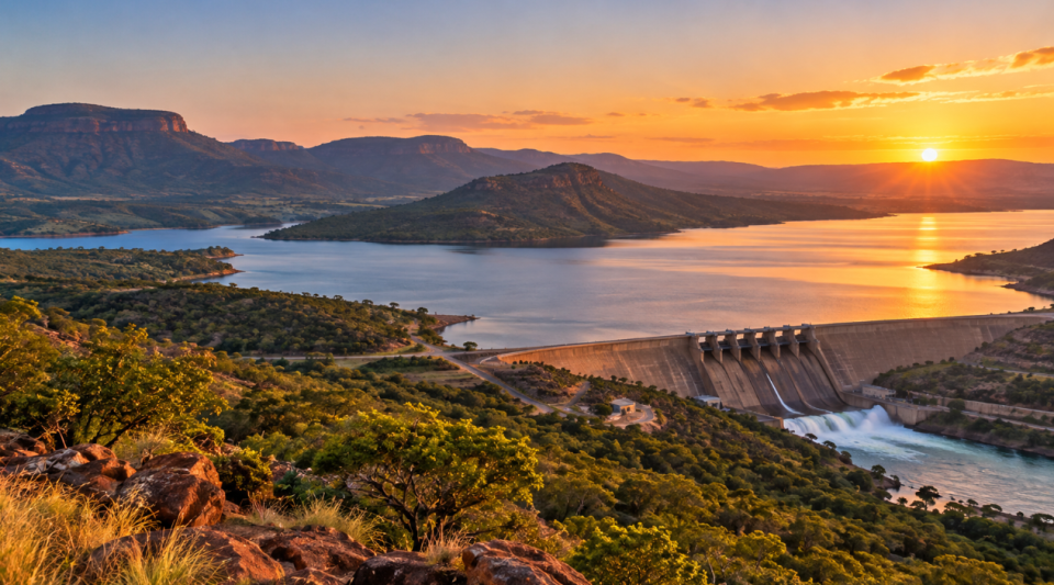 Large dam and reservoir surrounded by Limpopo’s mountainous landscape, representing investment in water security and bulk water infrastructure.