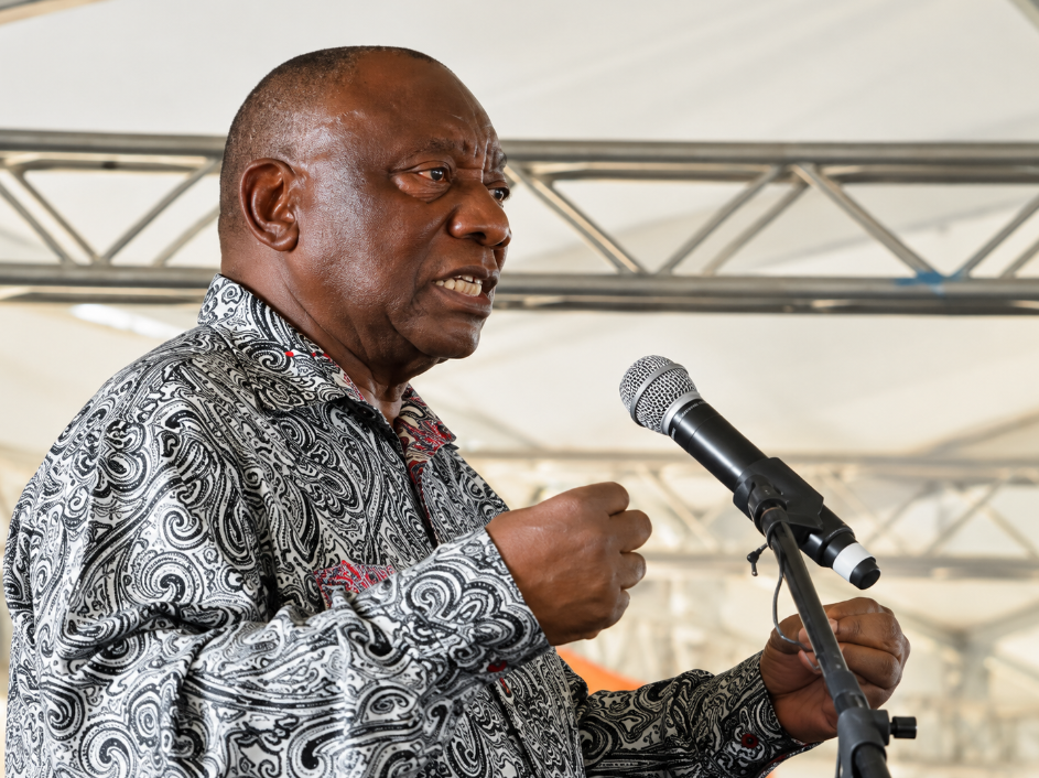 President Cyril Ramaphosa speaks at a public event, addressing national concerns around gender-based violence and women’s safety.