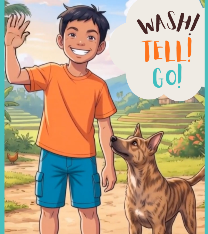 Illustrated child with a dog promoting the Wash, Tell, Go rabies prevention campaign and its simple safety message for young people.