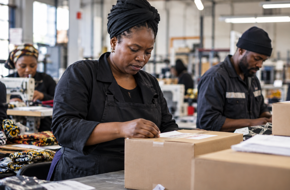 Small business employees work in a South African production space, preparing products and packaging orders as the enterprise grows.