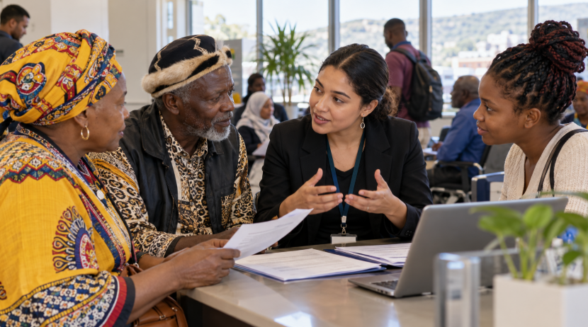 Language practitioners assist community members with information and communication, highlighting the role of translation and interpreting in improving access to public services.