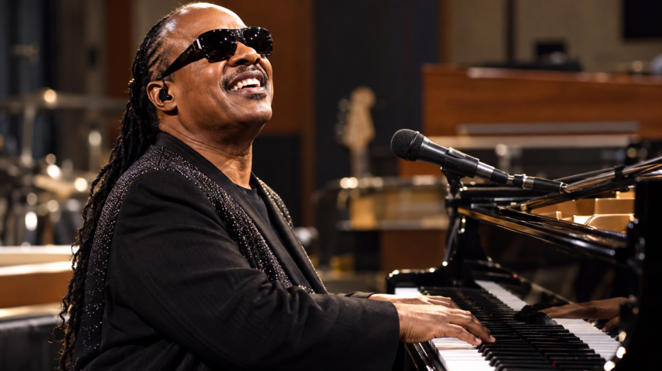Stevie Wonder performs at a piano in a warmly lit studio, representing five decades of music alongside his wider humanitarian and social-impact work.
