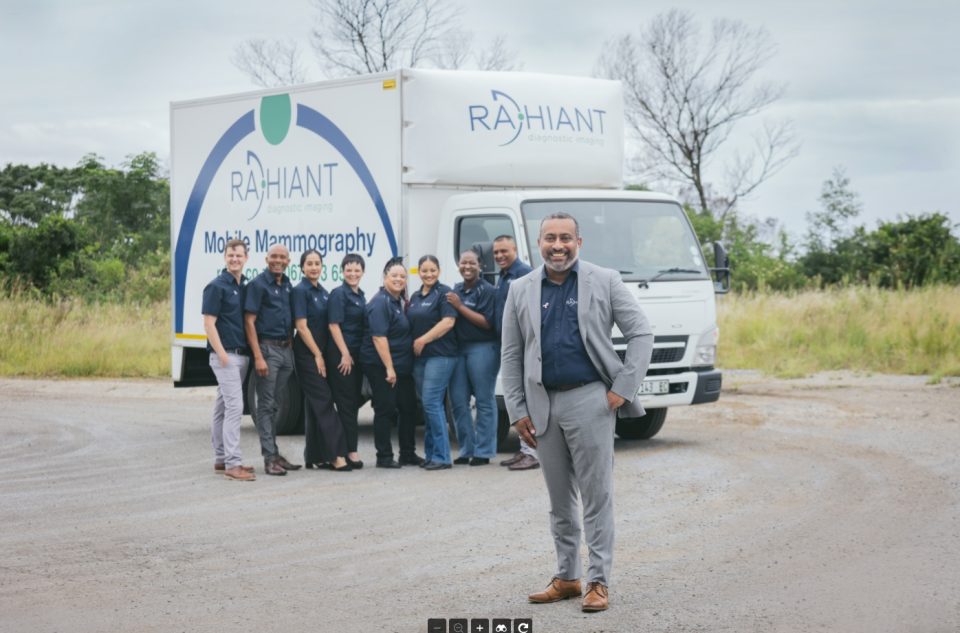 Radhiant Diagnostic Imaging team stands alongside a mobile mammography unit used to expand access to breast cancer screening across South African communities.