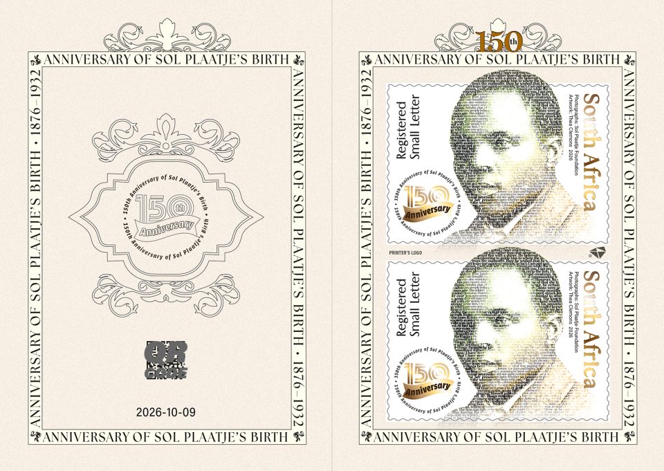 Solomon Plaatje 150th anniversary commemorative stamp booklet featuring his portrait created from words drawn from his novel Mhudi.
