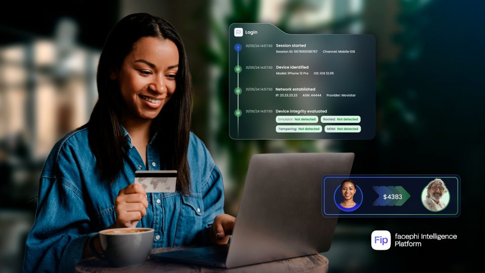 Woman using a laptop and bank card alongside Facephi Intelligence Platform security and digital identity monitoring technology.