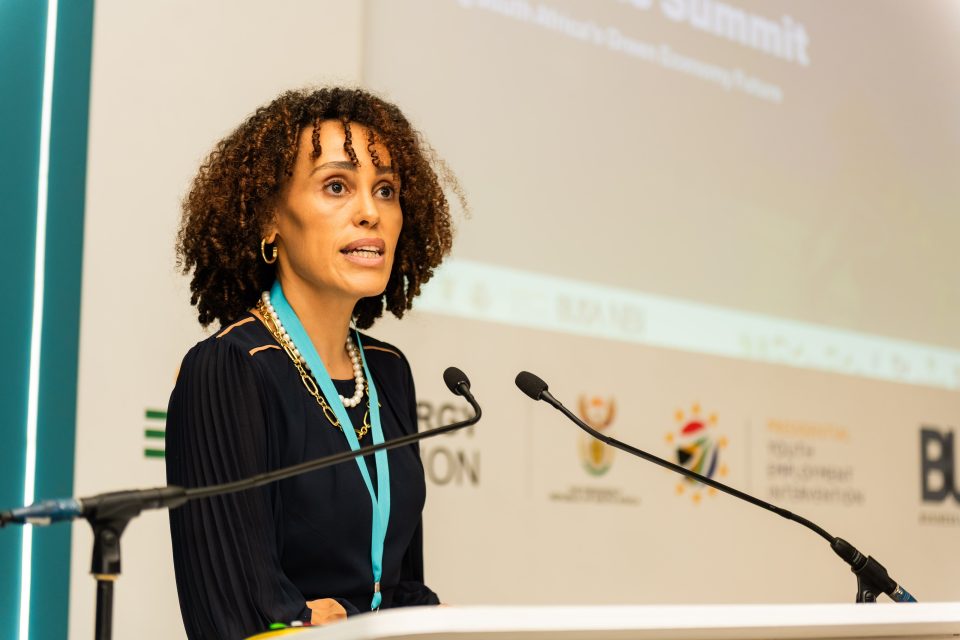 Gugu McLaren-Ushewokunze speaking about green jobs skills development and economic inclusion at the Green Livelihoods Summit.