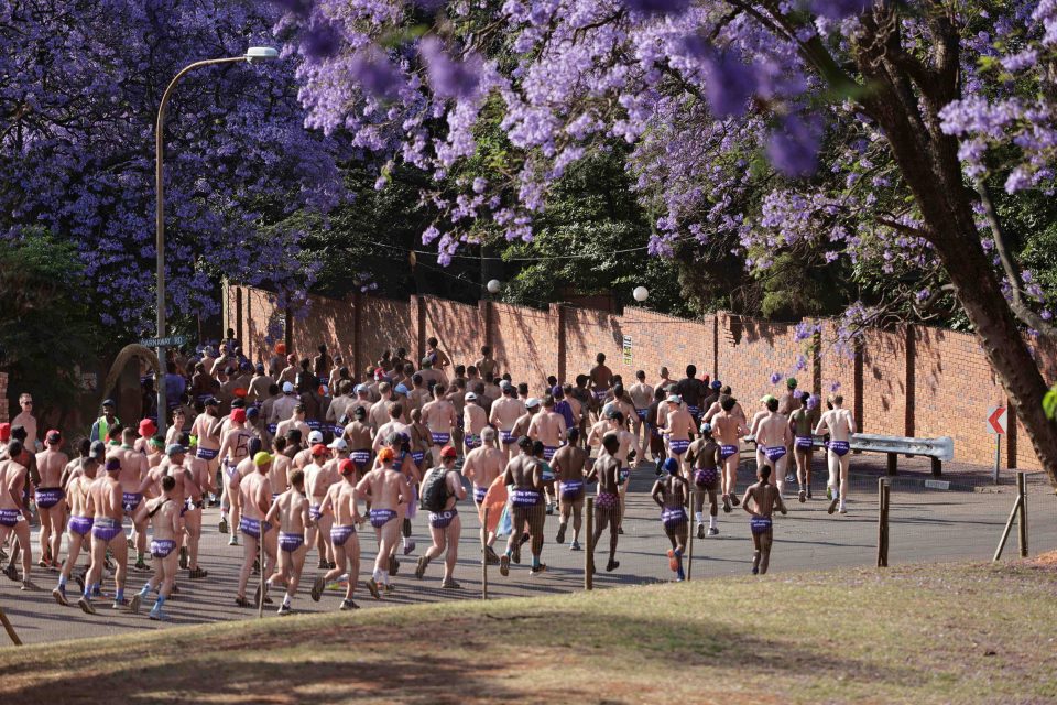 Hundreds of men take part in the Hollard Daredevil Run wearing purple speedos to raise awareness about prostate and testicular cancers.