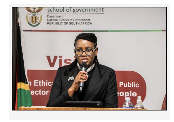 National School of Government official speaks at a podium during a public-sector training event in South Africa.