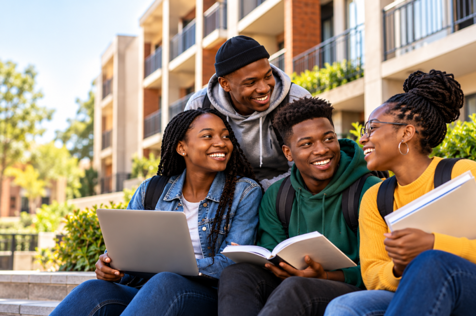 University students sit together outside student accommodation with books and a laptop, representing student housing and rental rights awareness.