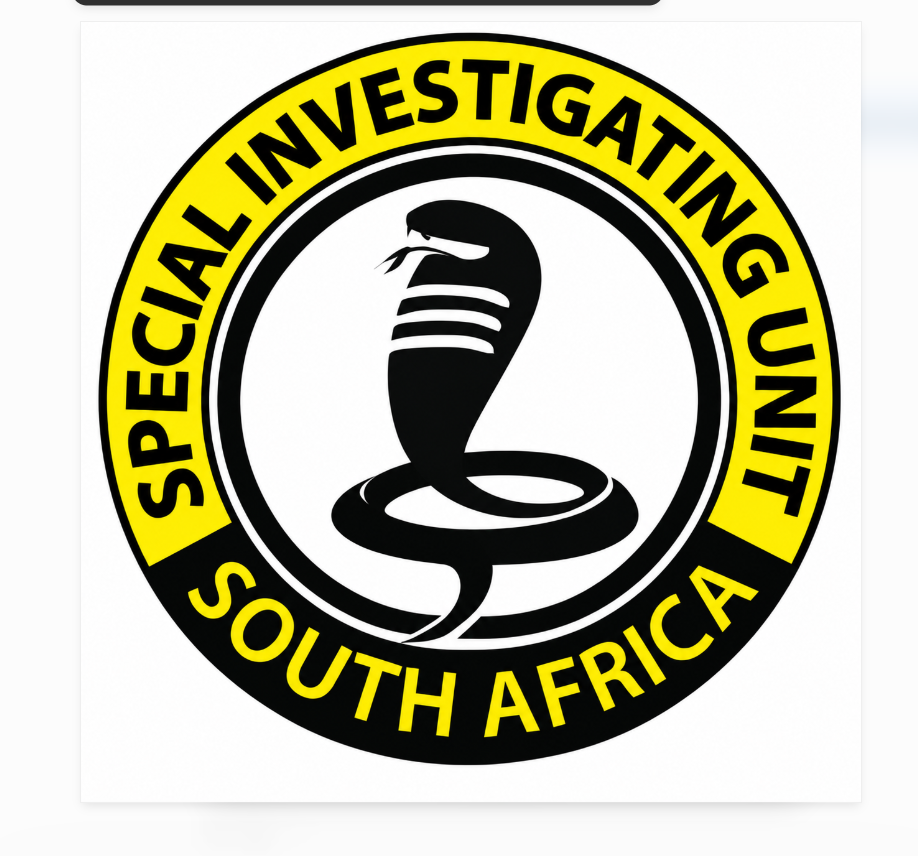 Enlarged Special Investigating Unit South Africa logo featuring a black cobra inside a circular black-and-yellow emblem.