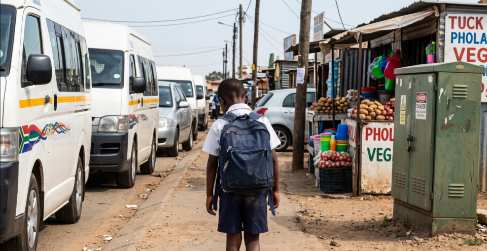 Schoolchild walking alongside busy vehicles and minibus taxis in a South African community, highlighting everyday road-safety risks faced by children.