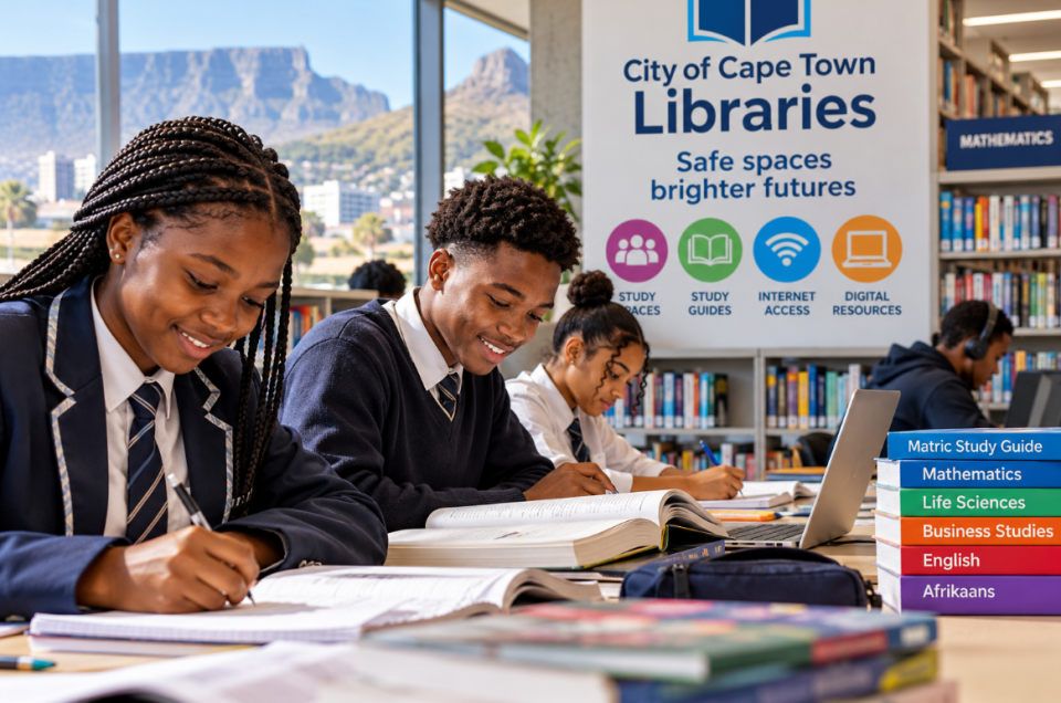 Cape Town learners studying with books and laptops in a public library while preparing for matric and other examinations.