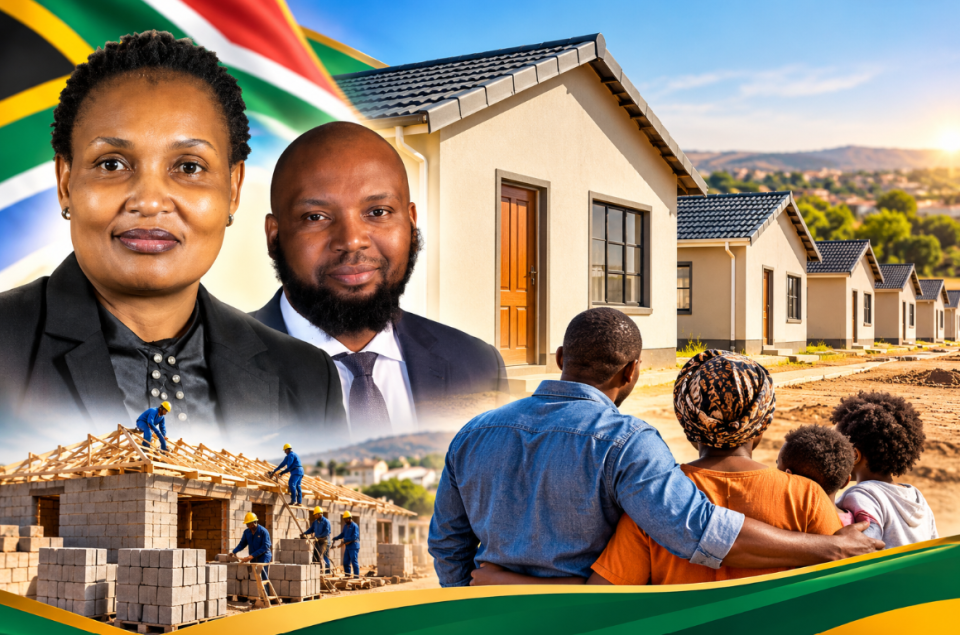 Illustration of KwaZulu-Natal housing development featuring new homes, construction workers, a family and government representatives.