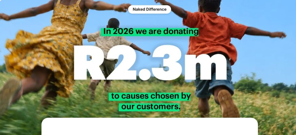 Naked Difference campaign graphic announcing R2.3 million in donations to causes chosen by Naked Insurance customers in 2026.